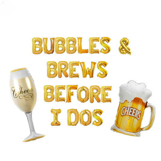 a beer and a glass with bubbles and brews before i do's