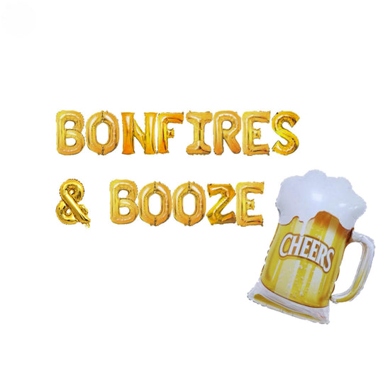 a beer mug with a balloon that says bonfires and booze