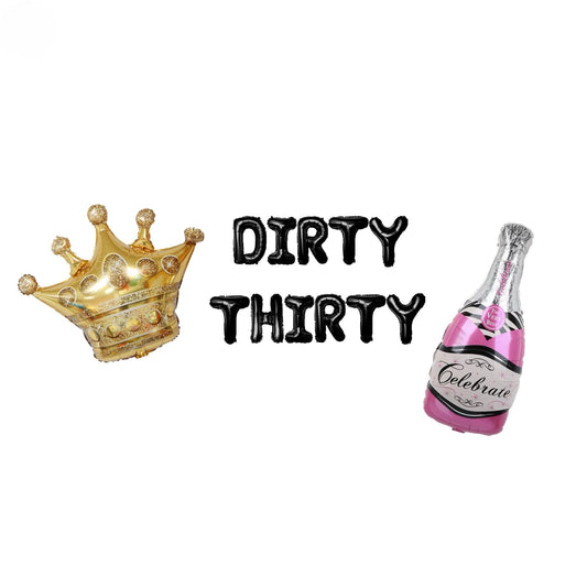 a bottle of champagne and a crown with the words dirty thirty