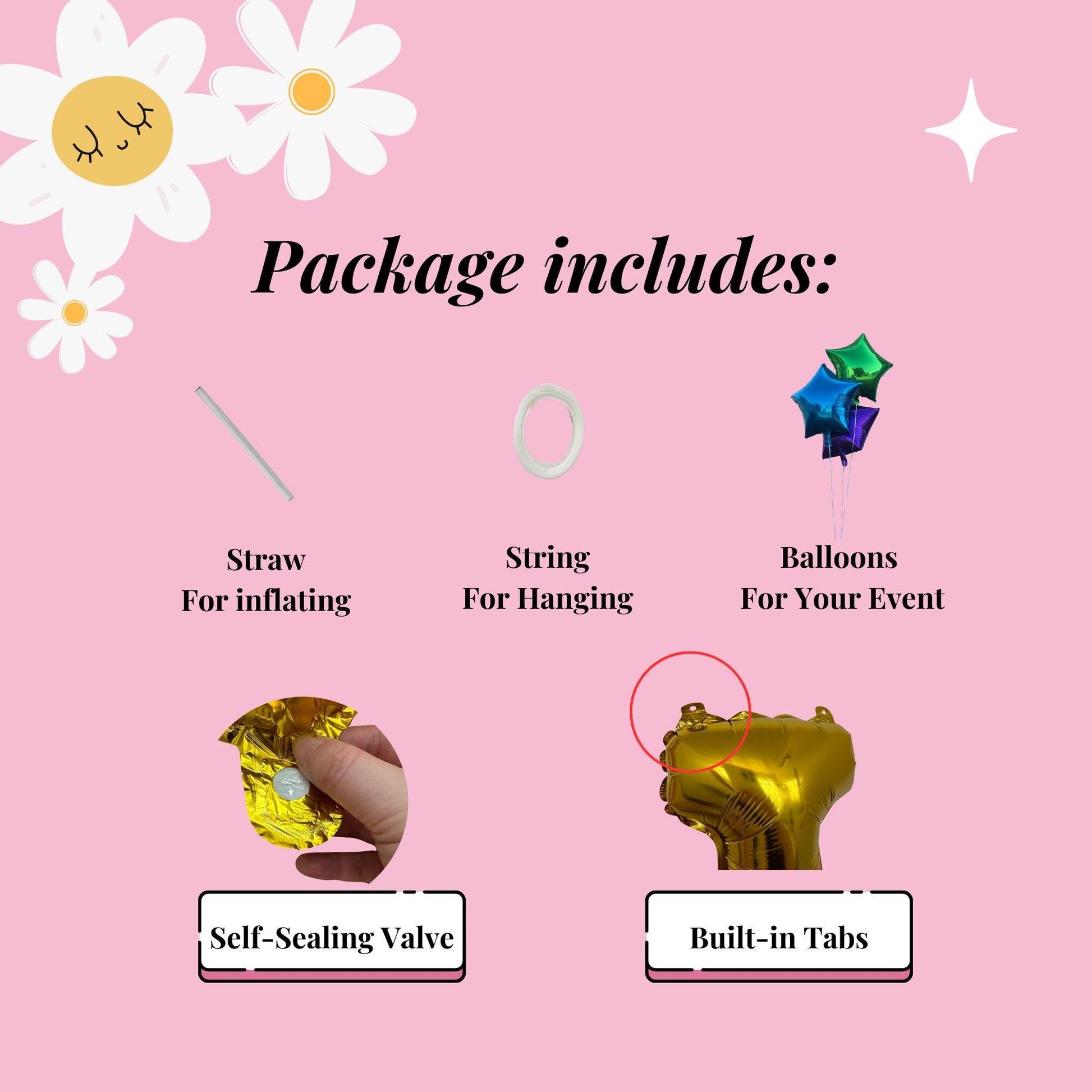 a picture of a package includes straws, balloons, and balloons