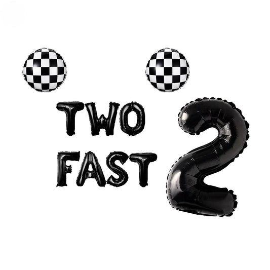 two black balloons with the words two fast in the middle