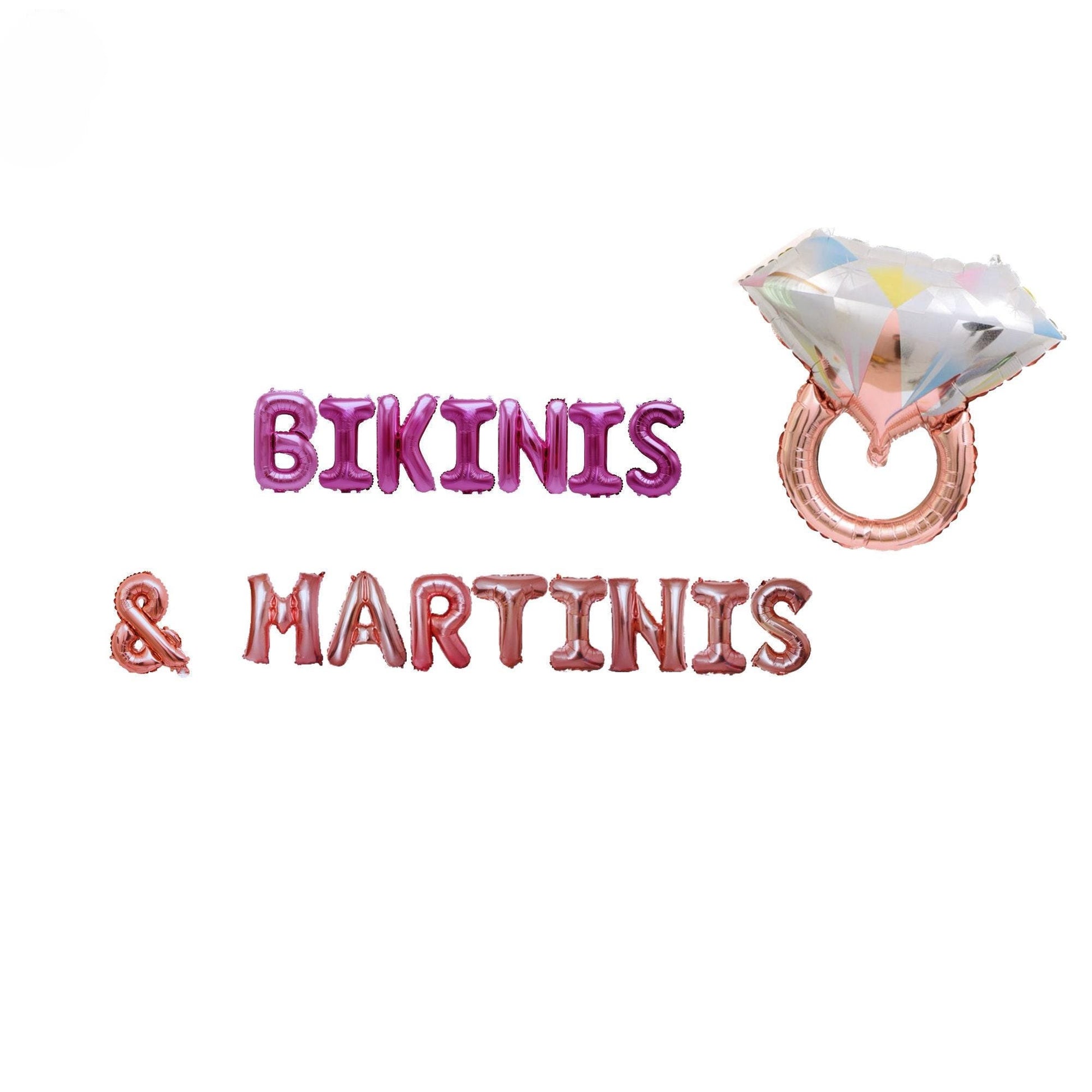 a couple of balloons that say bikinis and martinis