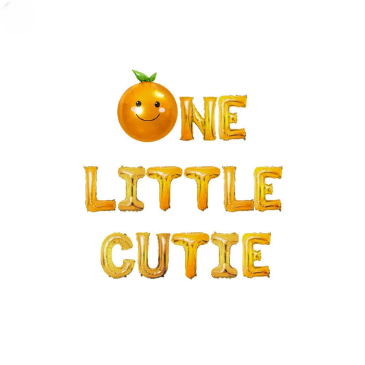 one little cutie balloon letters with a smiling orange