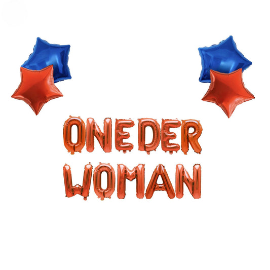 a oneder woman balloon with red and blue balloons