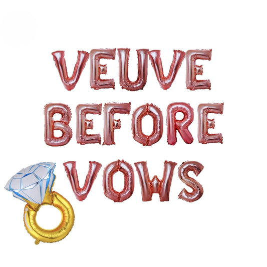 the words veuve before vows are made out of balloons