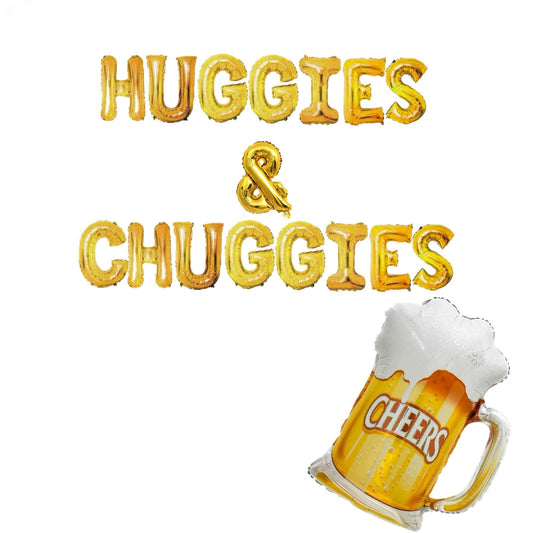 a mug of beer with the words huggies and chuggies