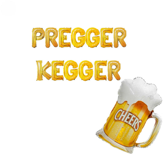 a mug of beer with the words pregger kegger